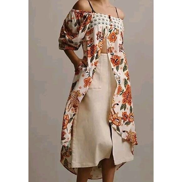 Farm Rio Anthropologie Long Tunic Top Duster Shirt Dress Leopard Floral S NWT - Picture 6 of 12